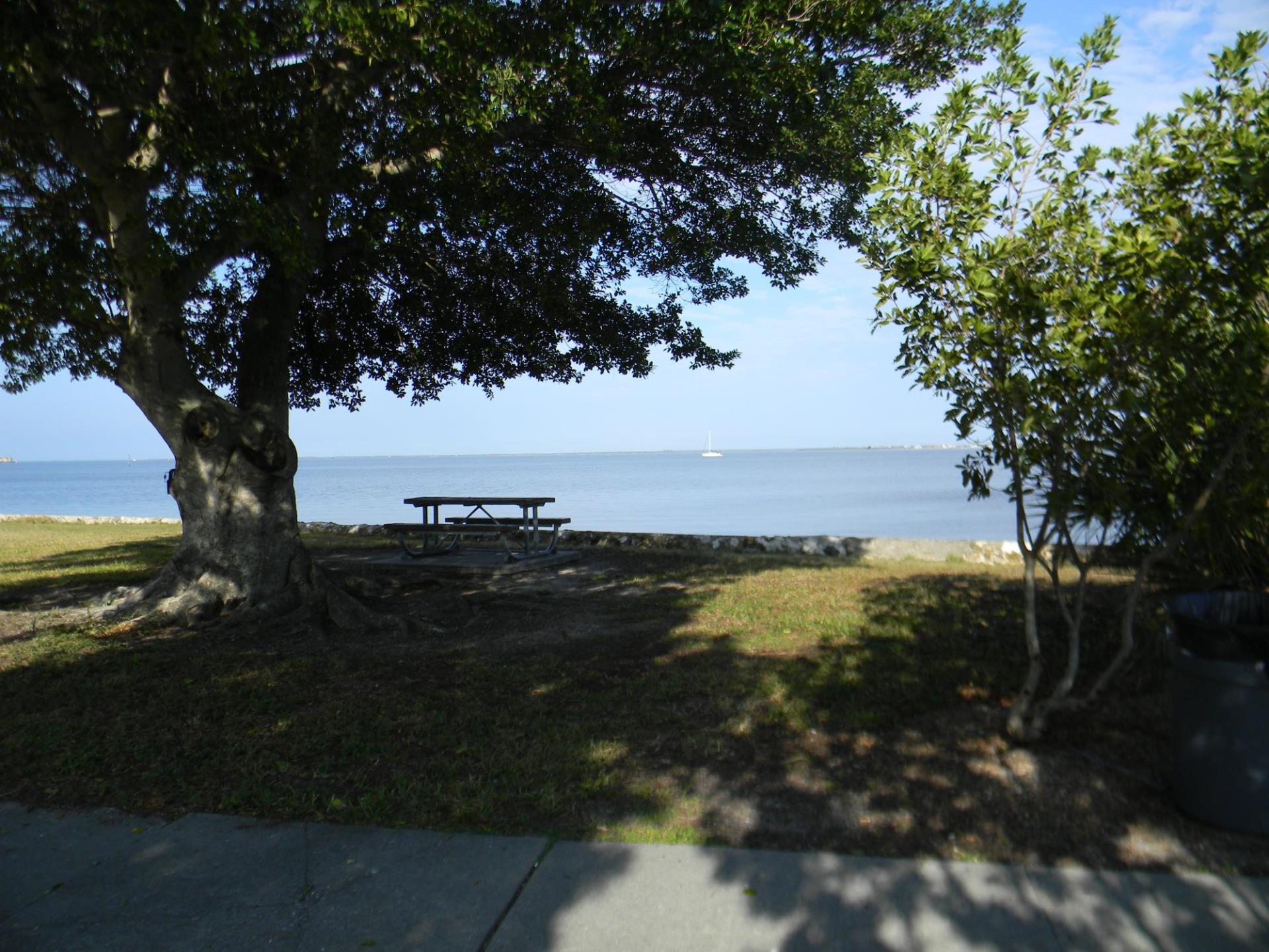 Picnic area under shade tree along harbor at Gilchrest Park.