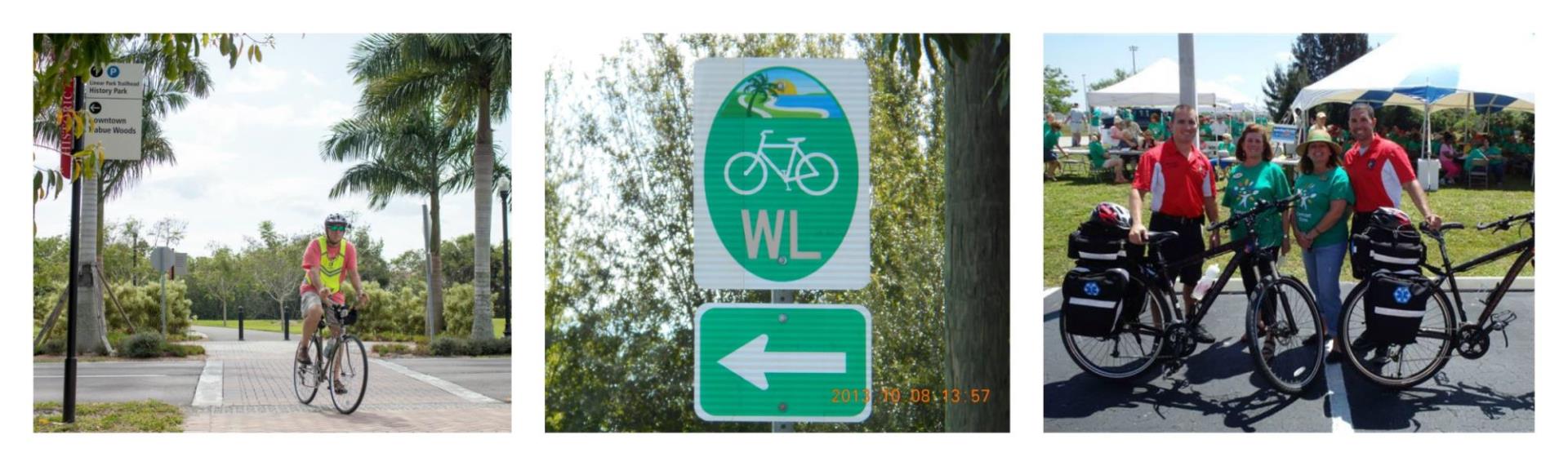 collage of images with bike signs, someone biking, and multiple bikers