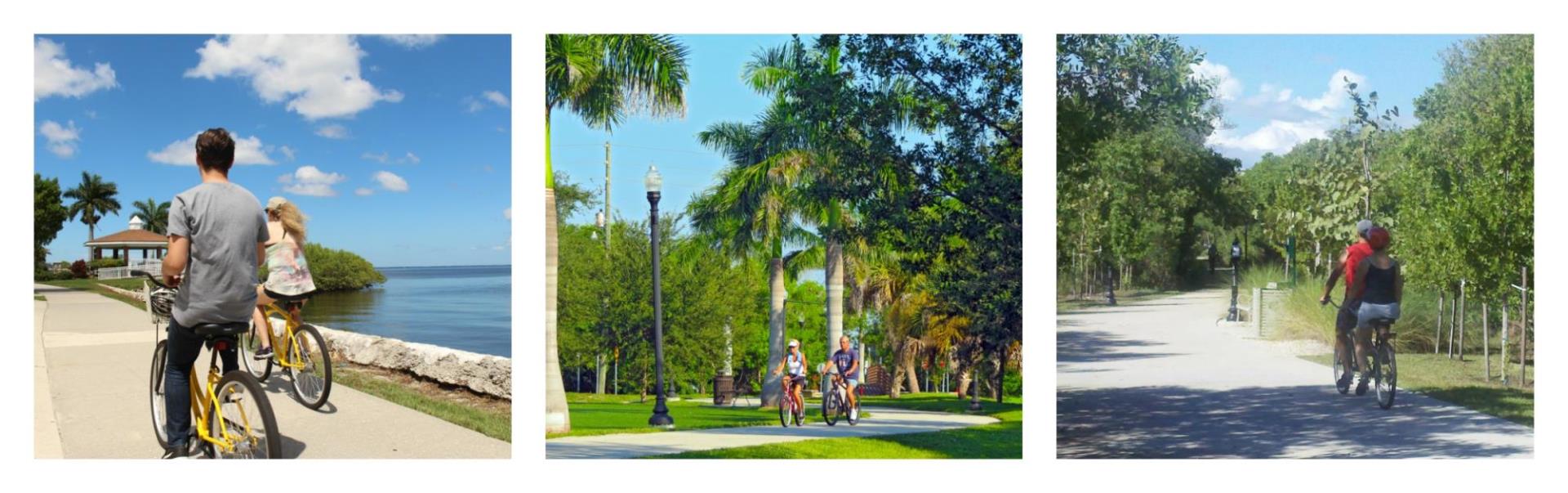 collage of couples biking along harbor and on path