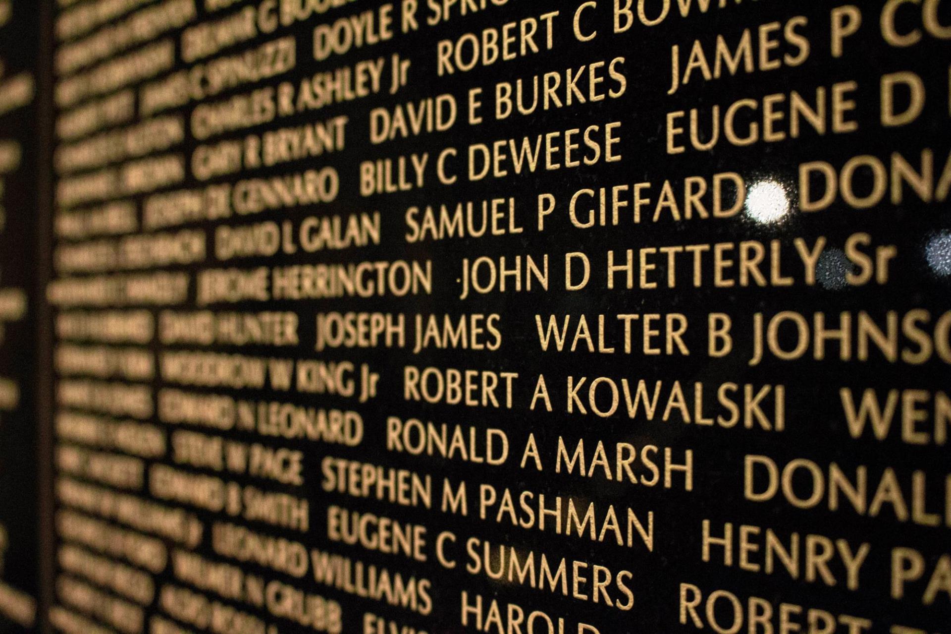 Close up of Veterans Wall panels with names listed