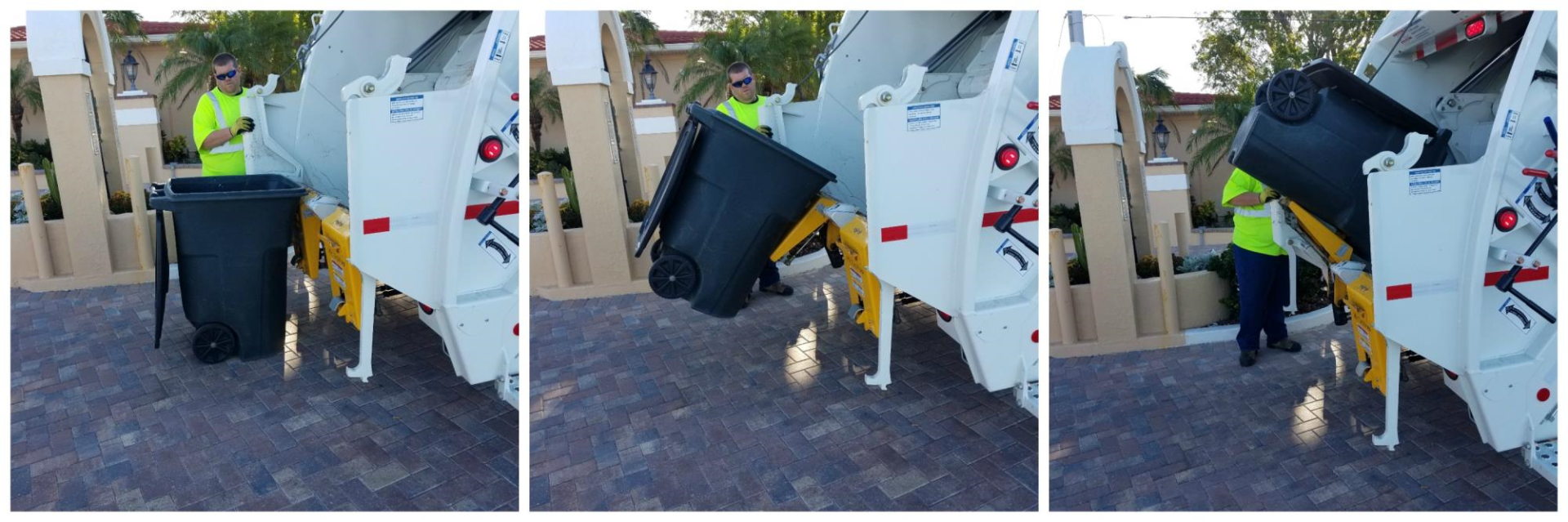 Semi automated sanitation truck with employee loading toter.